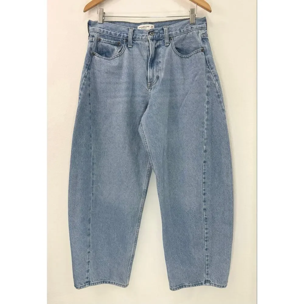 Abercrombie & Fitch Curve Love Mid Rise Barrel Jeans Blue Size 28R - Picture 3 of 12
